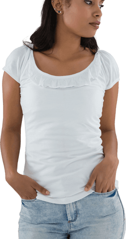 Thoughtful Woman in Transparent White Top Standing with Hands in Pockets