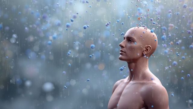 Futuristic Male Figure in Ethereal Floating Spheres Scene