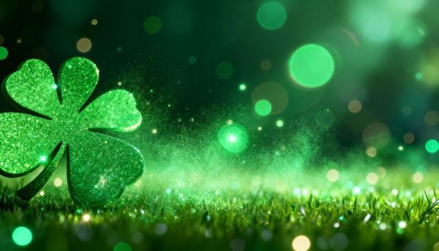 Glittering four-leaf clover on dewy grass with bokeh mist for st patrick's day celebration