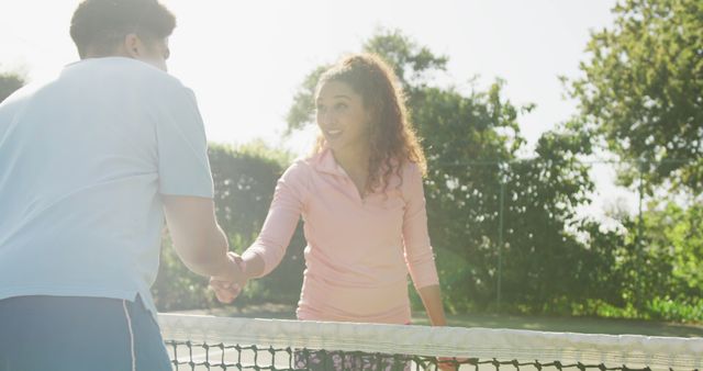 Woman and man shaking hands across tennis net after match. Perfect for sports articles, healthy lifestyle blogs, teamwork illustrations, and advertisements focusing on physical fitness, sportsmanship, and outdoor activities.