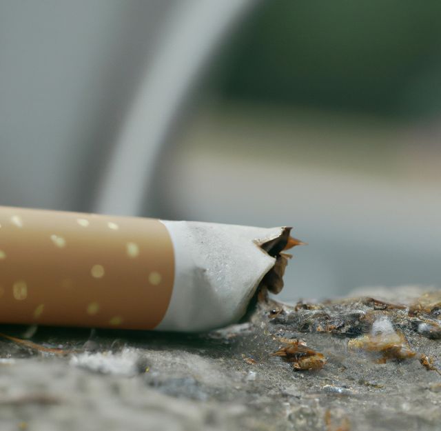 Shows a discarded cigarette lying on a rough concrete surface. Can be used for campaigns on smoking, health risks, and environmental pollution. Suitable for articles addressing smoking-related issues and addiction awareness.