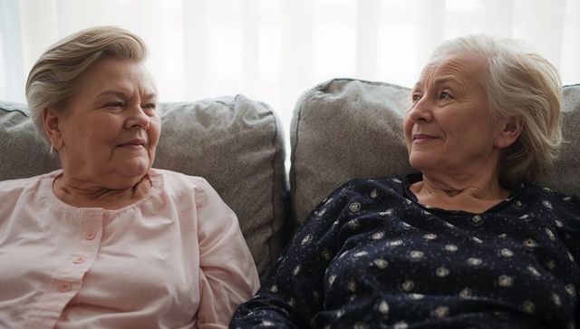 Two senior women sharing warm conversation on sofa, companionship and friendship