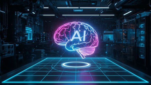 Neon Holographic Brain AI Hologram Floating Above Glowing Grid in Futuristic Lab