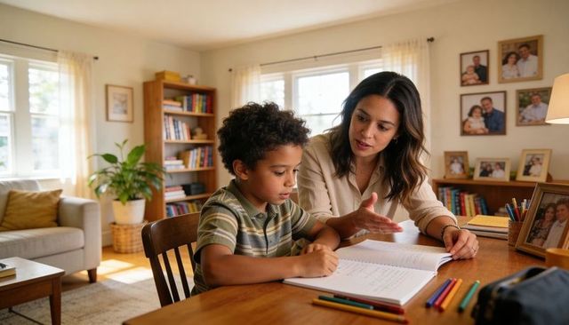 Mother tutoring son at wooden table doing homework in sunlit family living room
