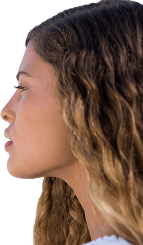 Pensive Caucasian Woman with Long Curly Hair on Transparent Background