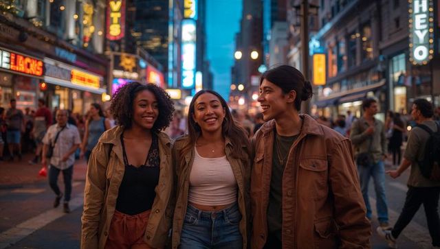 Friends walking downtown at dusk under neon theater marquees, urban nightlife conversation
