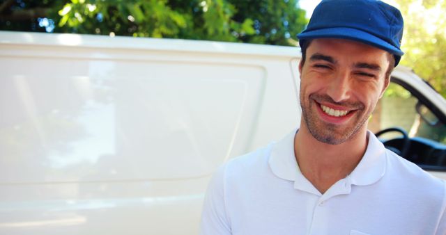 Happy Delivery Worker Smiling in Front of Van - Download Free Stock Images Pikwizard.com