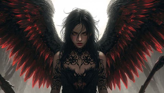 Mysterious dark-winged warrior, gazing with intensity