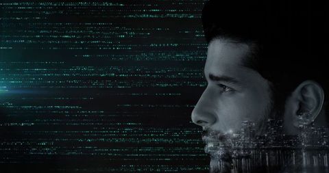 Man gazing into digital data stream with double-exposed city skyline, futuristic portrait