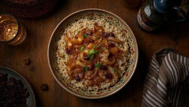 Caramelized onions and raisins over couscous in ceramic bowl with rustic candlelight