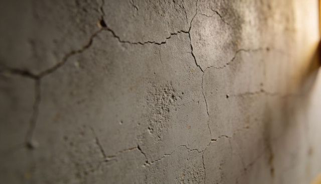 Aged cracked plaster wall with warm directional light and shallow depth texture study