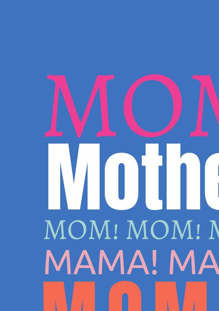 Vibrant typography design features the word 'MOM' repeated in various fonts and colors against a blue background. Ideal for creating Mother's Day cards, social media posts, and promotion banners that celebrate mothers with a bold and joyful style.