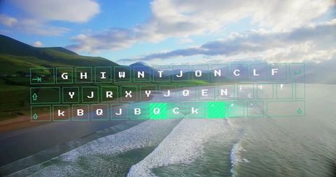 Futuristic holographic keyboard projected over scenic landscape
