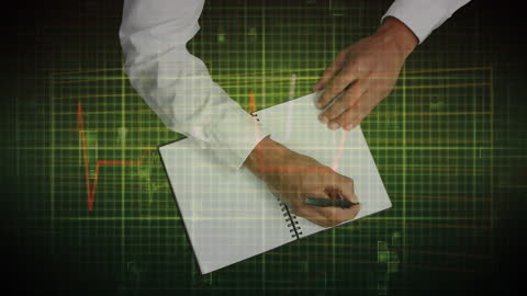 Overlay of Heart Rate with Businessman Writing in Notebook