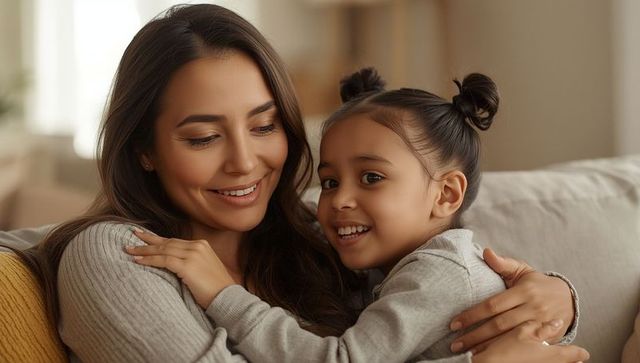 Mother and Daughter Embracing on Cozy Sofa at Home