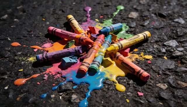Sunlit melting crayons creating vibrant rainbow wax puddles on rough asphalt closeup