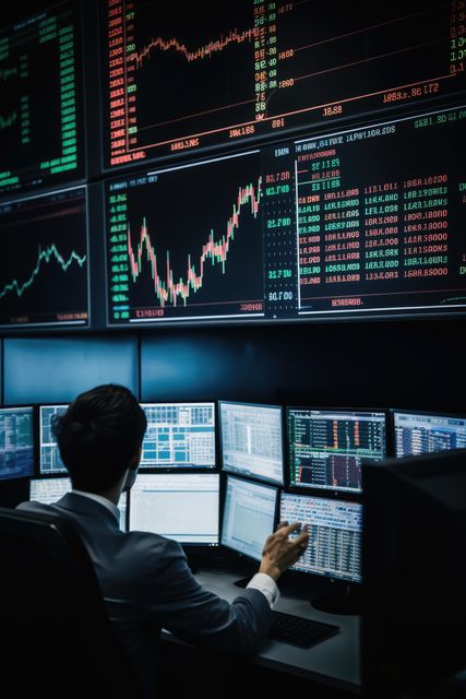 Photo depicts a stock market trader monitoring and analyzing financial data displayed on multiple screens. Perfect for articles, websites, and promotional materials focused on finance, investment, economics, stock trading, financial technology, or business analysis.