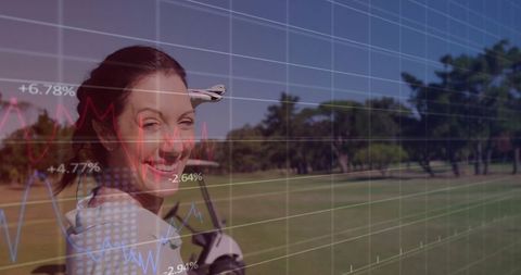 Smiling Woman Golfer with Data Overlay on Sunny Golf Course