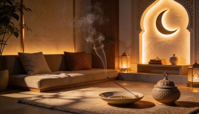 Warm incense meditation lounge with crescent arch lanterns, ornate ceramic burner, curling smoke