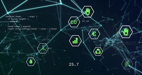 Neon Network Dashboard Displaying Hex Badges for Sustainability Metrics and Financial Data