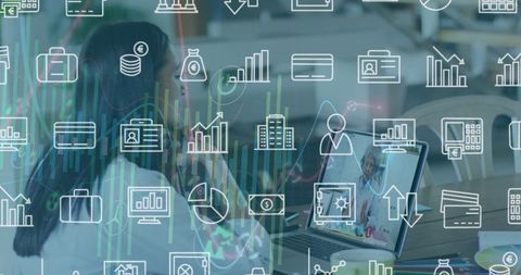 Businesswoman Analyzing Data on Laptop with Digital Icons