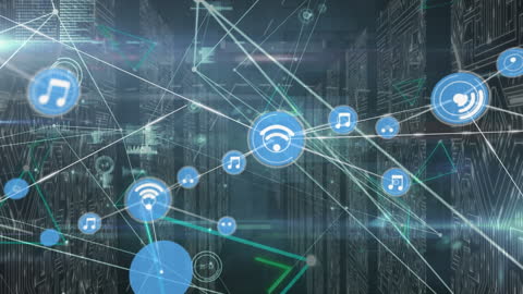 Digital Network Icons Amidst Data Servers