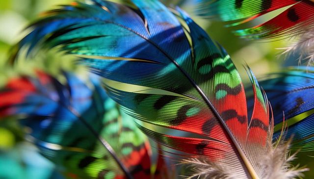 Shimmering iridescent bird feathers showing vivid red green blue patterns and down macro