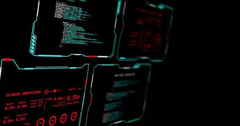 Futuristic Holographic Cyber Interface Panels with Neon Code and Data Metrics Dashboard