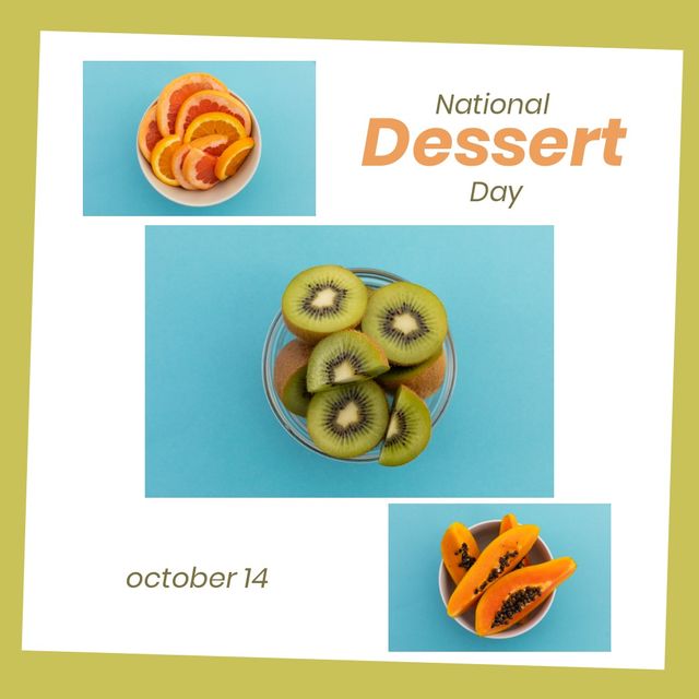 Collage of citrus fruit, kiwi, papaya slices in bowls with national dessert day and 14 october text. Composite, copy space, fruit, healthy and celebration concept.