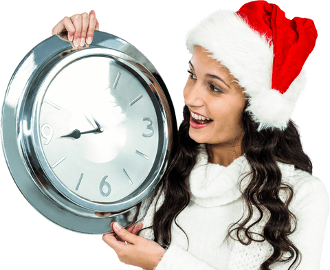 transparent background: woman in santa hat holding metal wall clock - Download Free Stock Videos Pikwizard.com