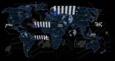 Neon blue global data visualization dashboard with hud progress bars and hex grid