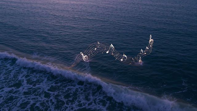 Musical Notes Floating Above Ocean Waves at Dusk