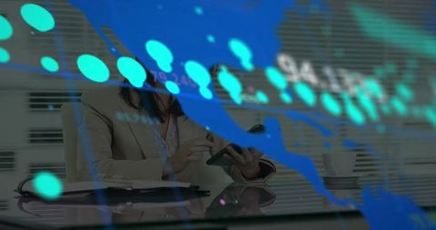 Businesswoman Using Tablet with Data Visualization Overlay and Touchscreen Interface