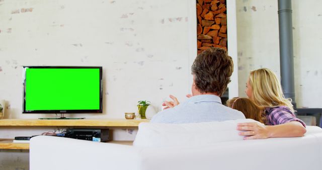 Family Relaxing on Couch Watching Green Screen TV in Living Room - Download Free Stock Images Pikwizard.com