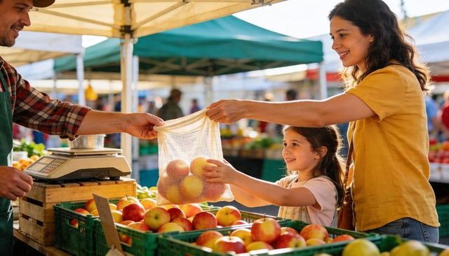 Mother and daughter buying fresh organic apples at sunny outdoor farmers market