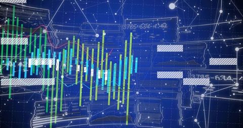 Digital Financial Dashboard Displaying Candlestick Bars, Trendlines and Network Connections