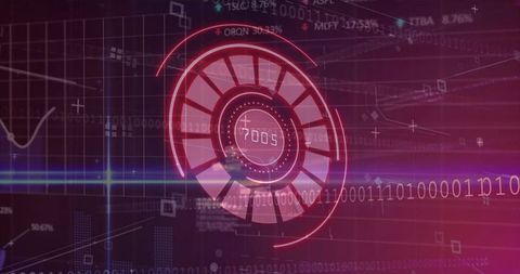 Neon hud radial gauge reading 7005 with binary stream and futuristic data analytics