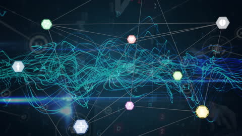 Abstract Digital Network with Light Trails and Icons