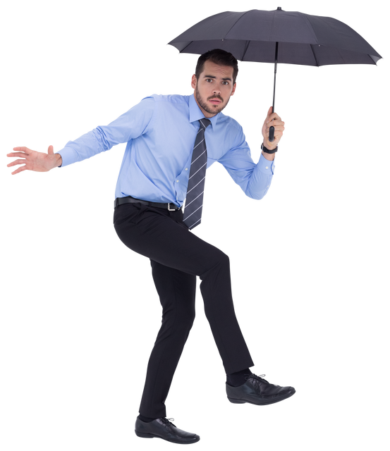 Anxious Young Professional Balancing Under Transparent Umbrella - Download Free Stock Videos Pikwizard.com