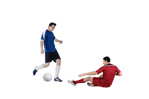 Transparent football action intensely tackling for ball