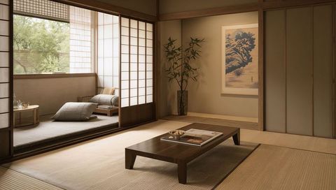 Minimal Japanese Tatami Room featuring Low Chabudai Table, Shoji Screens, Tokonoma Art
