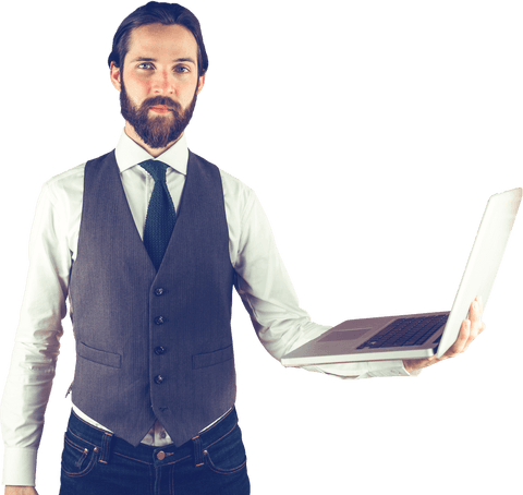 Confident Businessman Holding Laptop in Transparent Background