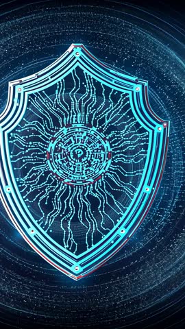Pulsing Cyan Shield Framing Data Rings in Dark Cyber Void — Animated Vertical Cybersecurity Visual