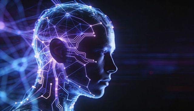 Glowing Cybernetic Head Showing Neural Circuitry and Network Connections for AI Concept