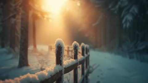Winter Sunlight Filtering Through Snowy Forest Path