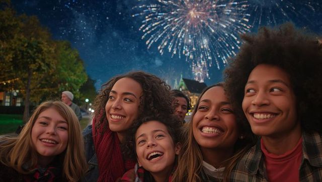 Diverse Friends Watching Fireworks Celebrating at Night Outdoors