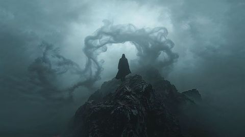 Mysterious hooded assassin figure on foggy mountain peak with swirling mist