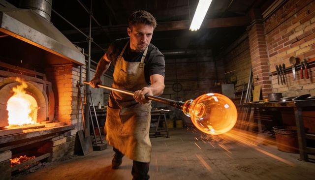 Glassblower shaping molten glass on blowpipe inside brick kiln workshop sparks glow