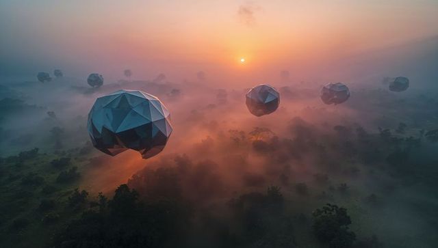 Geometric faceted orbs hovering over misty forest at dawn with warm sunrise glow