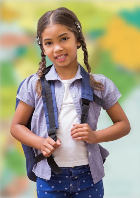 Digital composite of Girl with schoolbag against blurry map